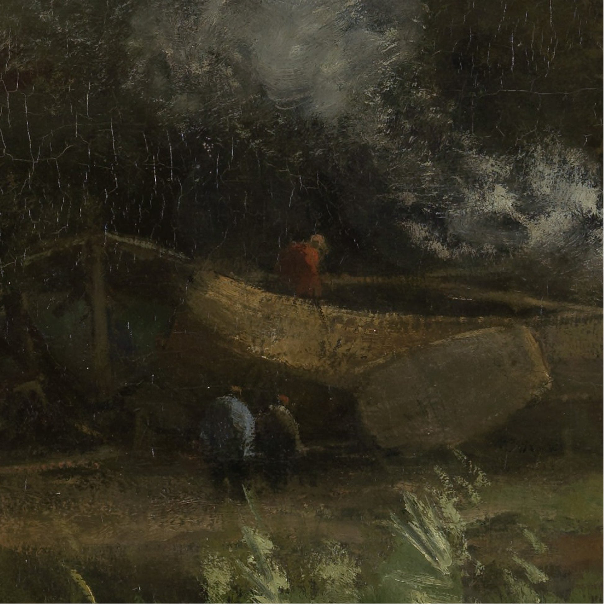 Close-up of a wooden boat with a figure and rising smoke along a dark riverbank — vintage countryside oil painting detail with visible craquelure