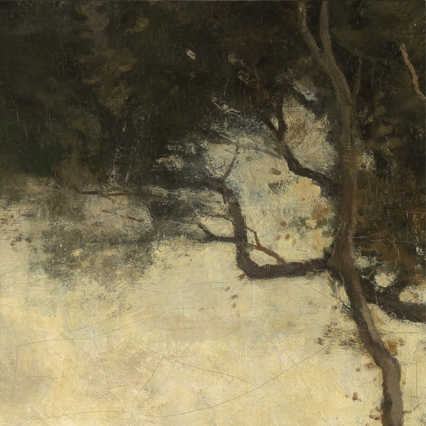 Close-up of a leaning tree trunk against an overcast sky with water reflections below — vintage landscape oil painting detail in olive green and warm ochre tones