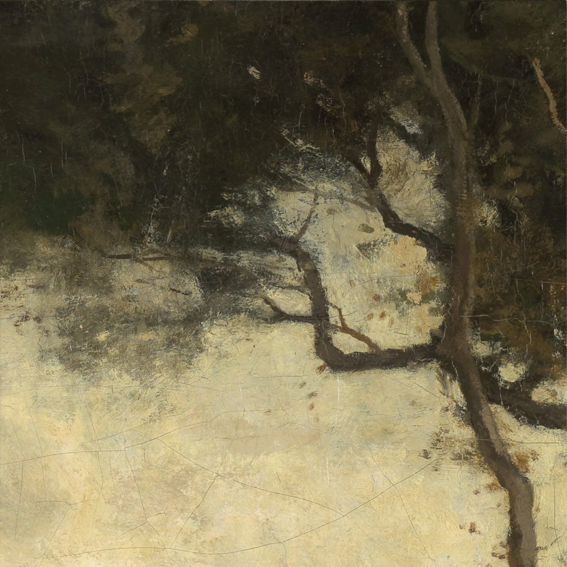 Close-up of a leaning tree trunk against an overcast sky with water reflections below — vintage landscape oil painting detail in olive green and warm ochre tones