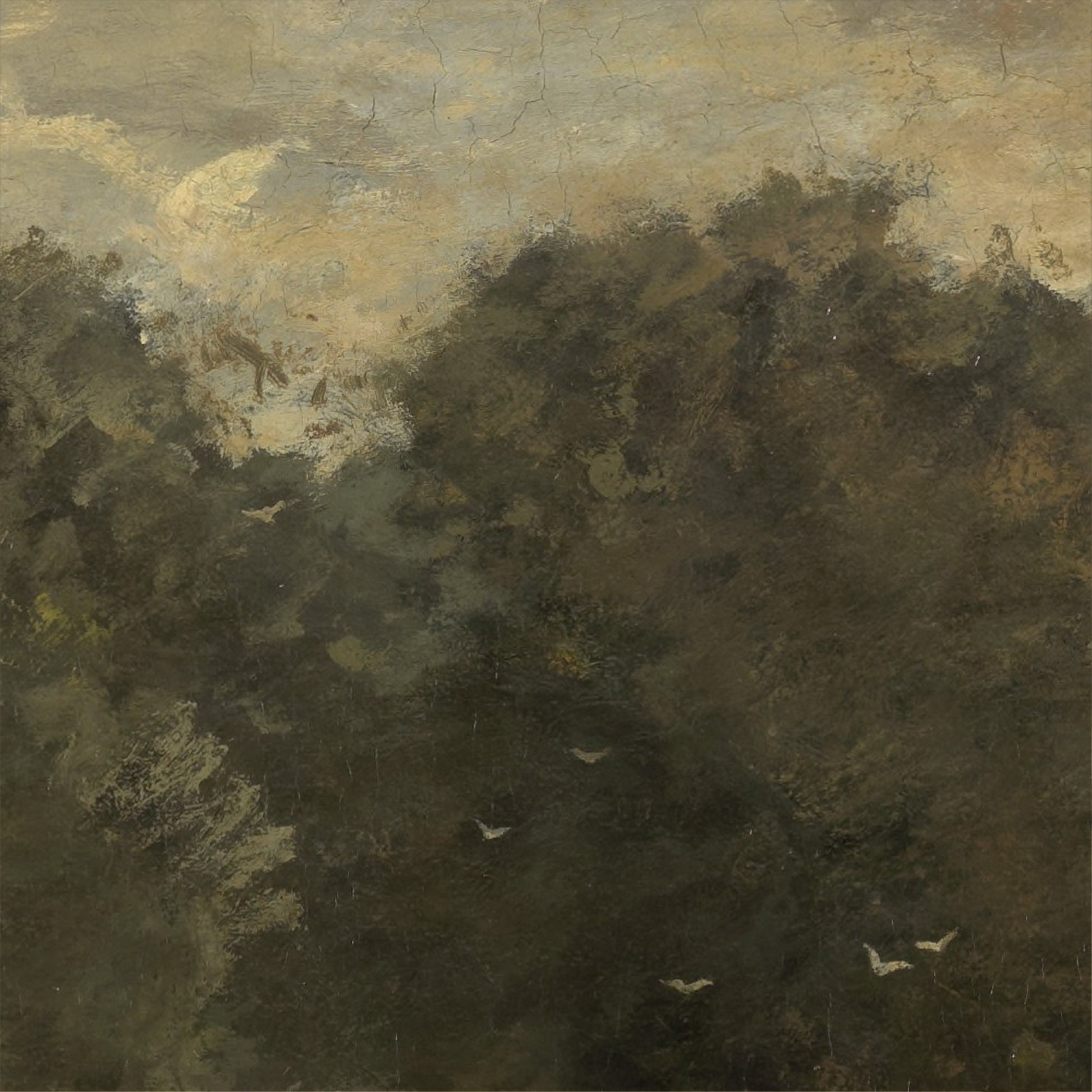 Close-up of dense dark green tree canopy with small white birds in flight against an overcast golden sky — vintage landscape oil painting detail