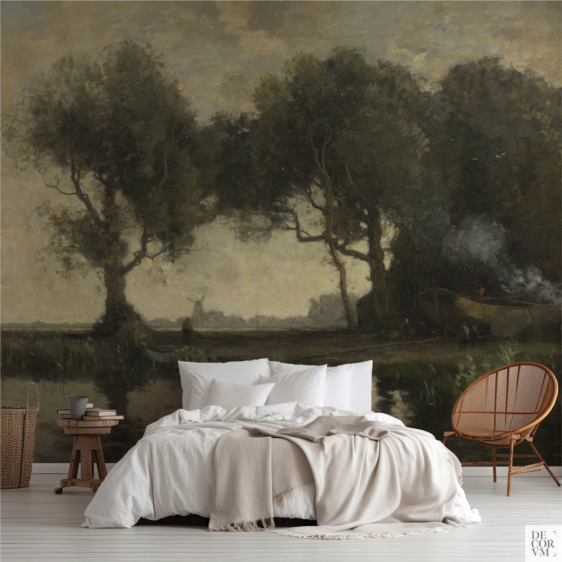 Dark green countryside landscape wallpaper mural in a bedroom with white linen bedding, woven basket, wooden stool side table, and rattan chair — vintage accent wall