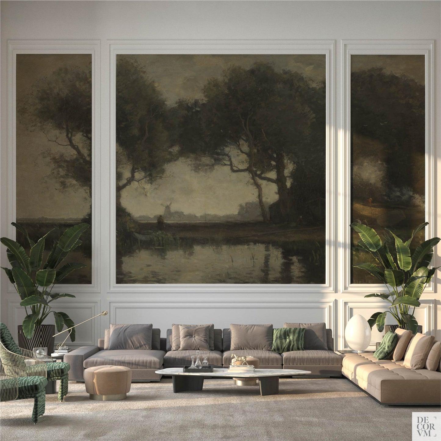 Moody landscape wallpaper mural framed by white wall paneling in a living room with taupe sectional sofas, marble coffee table, and large tropical plants