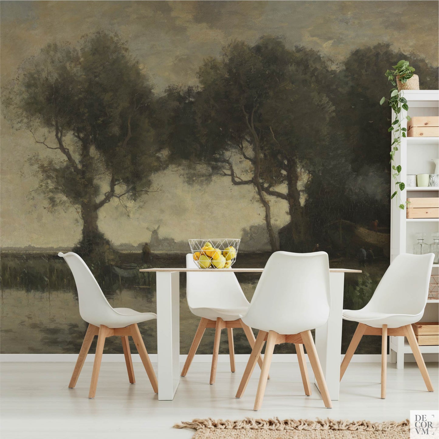 Vintage landscape wallpaper mural in a dining room with white mid-century chairs, wooden table, and open shelving with trailing plants — moody dark green accent wall