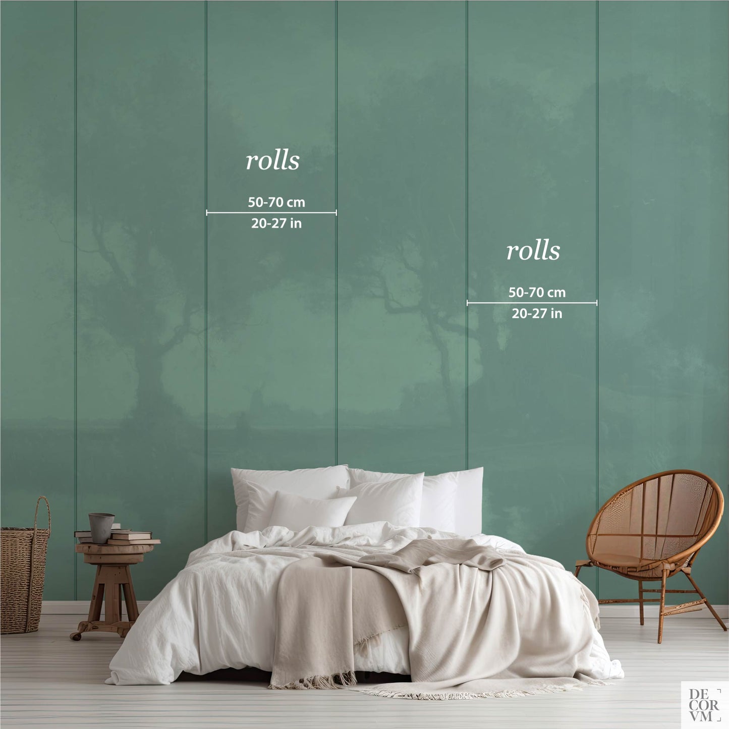 Wallpaper mural roll width diagram showing 50-70 cm and 20-27 in panels in a bedroom setting — installation guide for moody vintage landscape mural