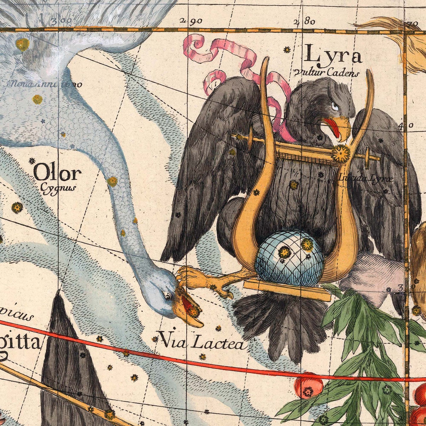 Lyra and Cygnus constellations — design detail from the 1693 Pardies celestial star chart.