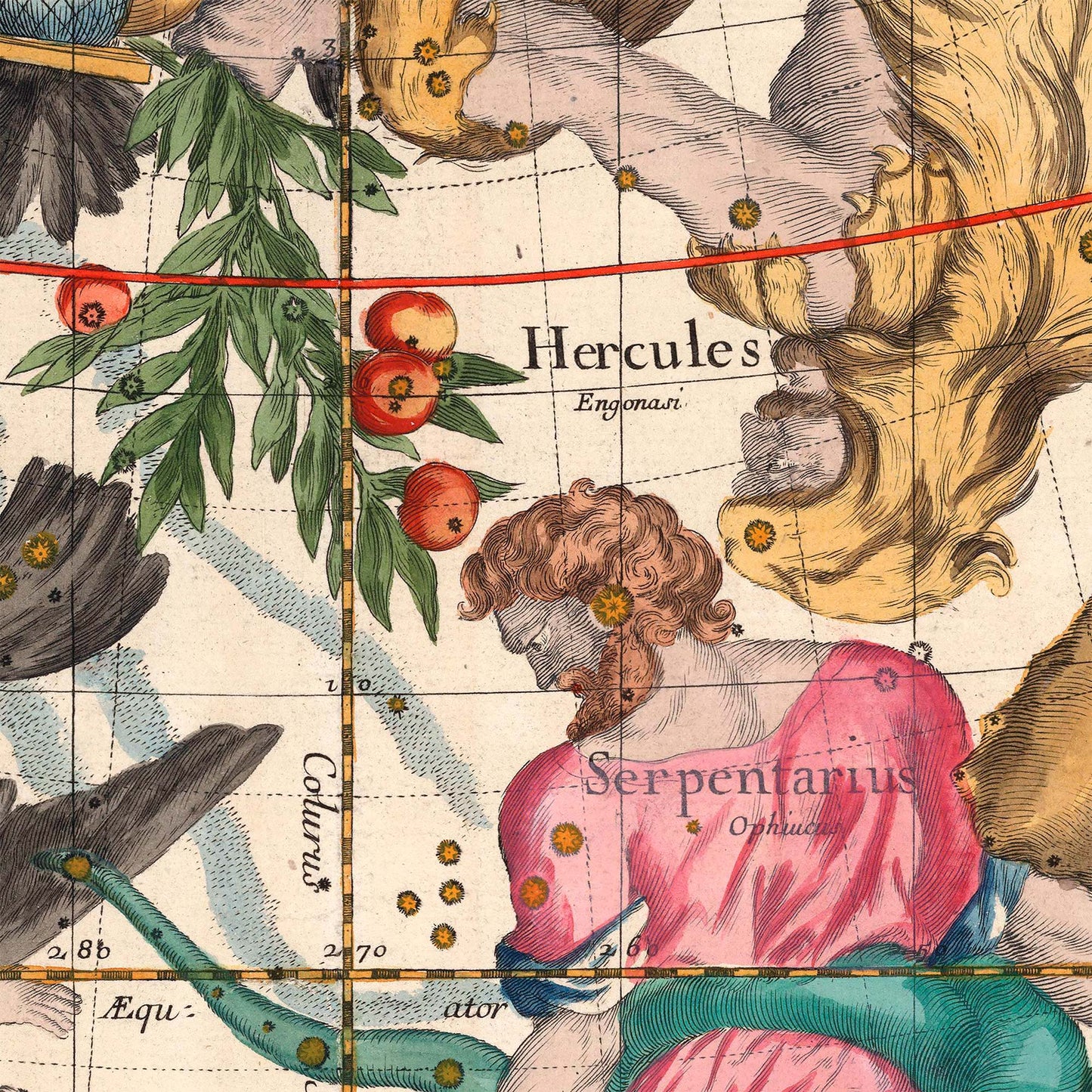Hercules and Serpentarius mythological figures — design detail from the 1693 Pardies celestial star chart.