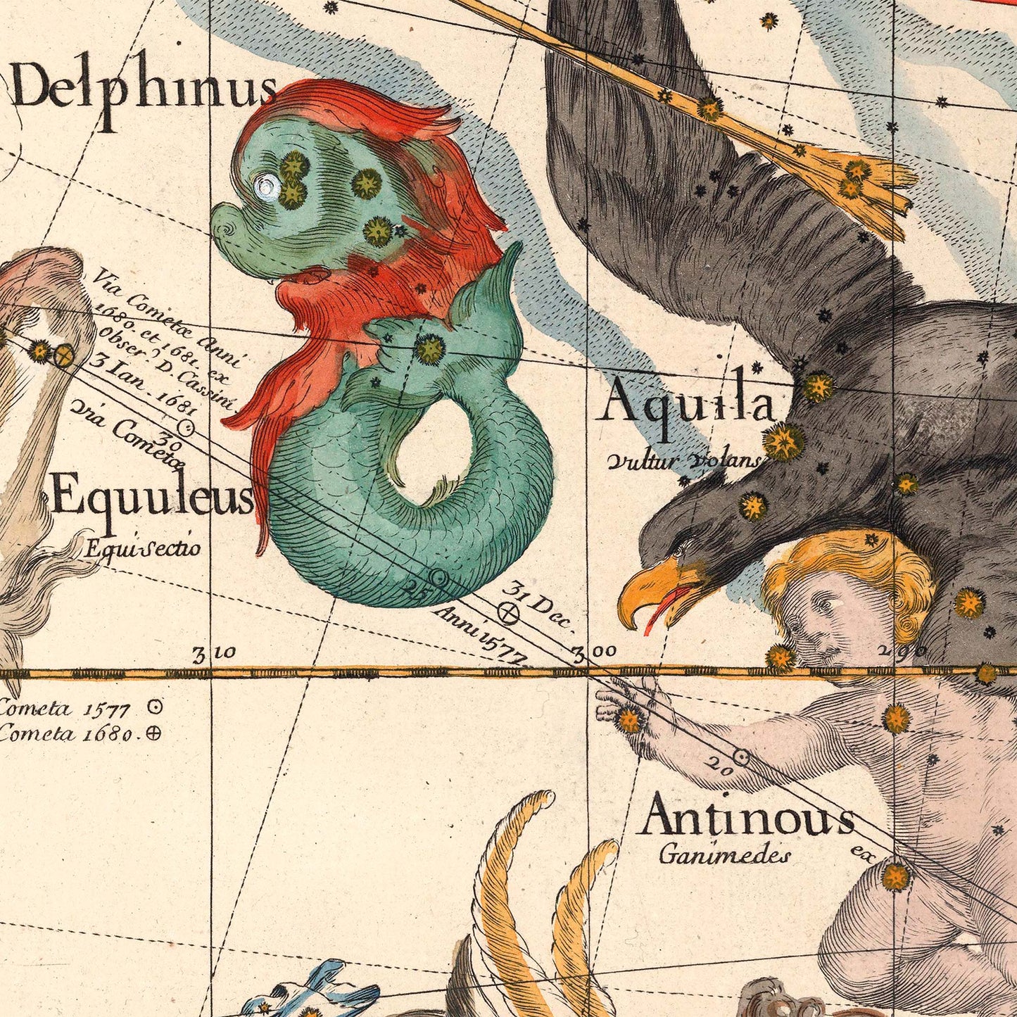 Delphinus and Aquila constellations — design detail from the 1693 Pardies celestial star chart.