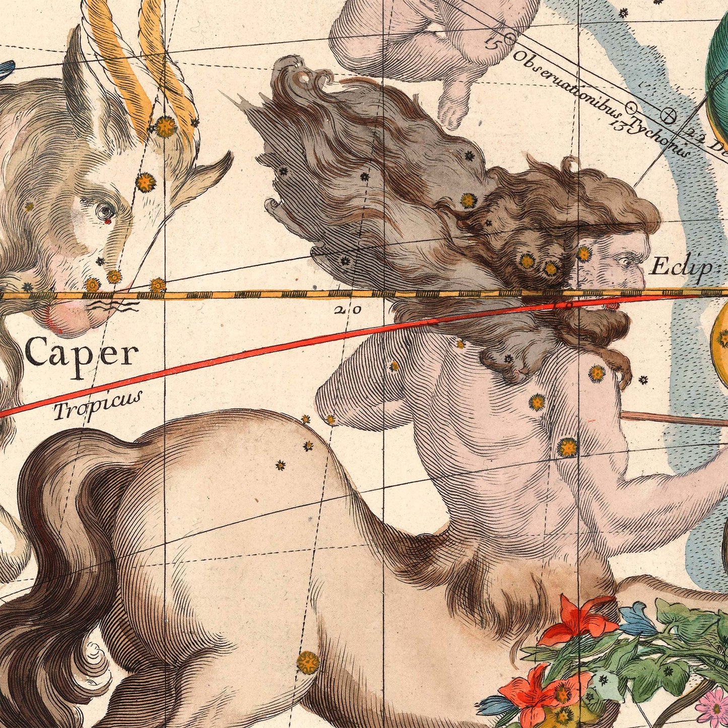 Sagittarius the centaur archer — design detail from the 1693 Pardies celestial star chart.