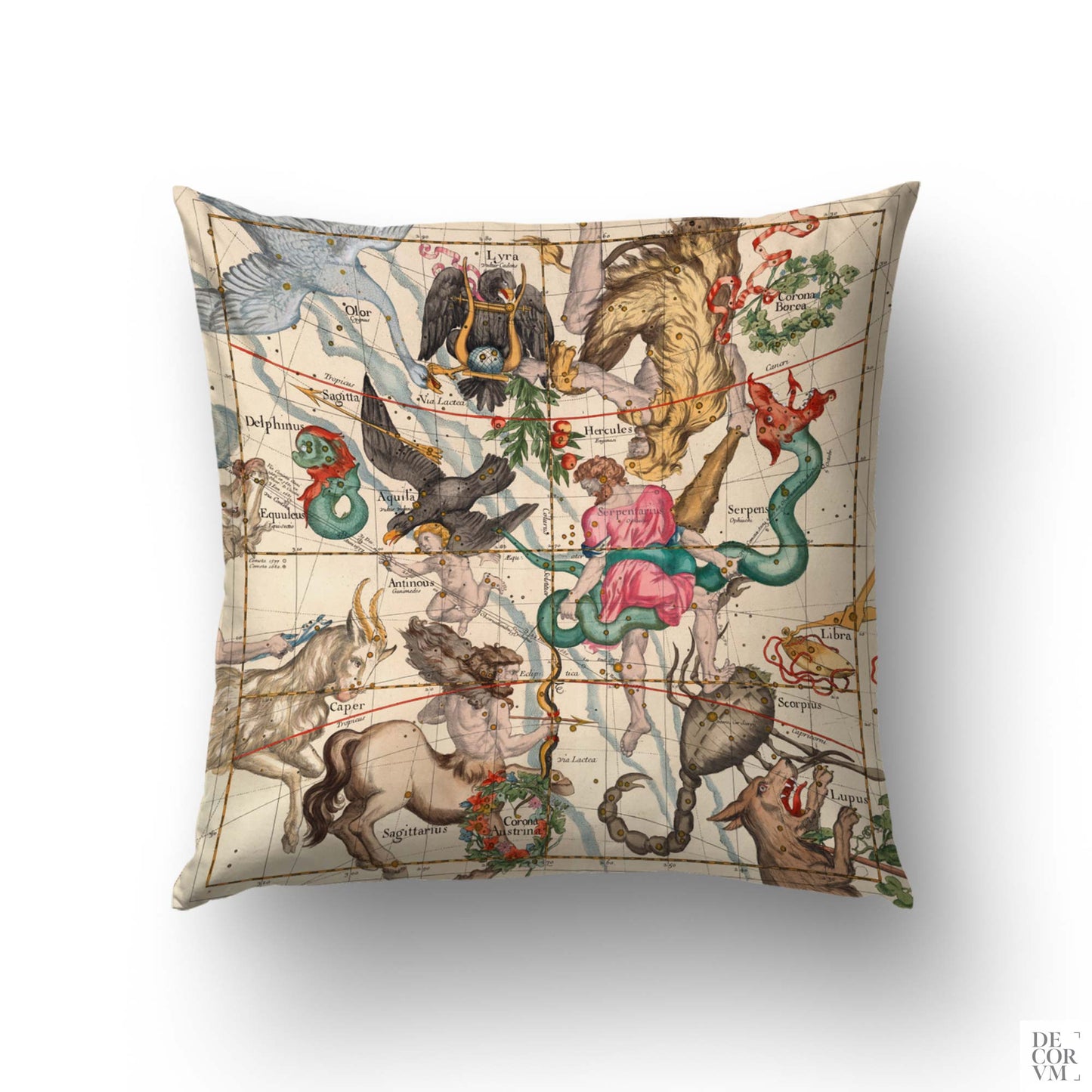 Hercules and Sagittarius reversible constellation cushion cover with 1693 celestial star chart design on a cotton blend pillow.