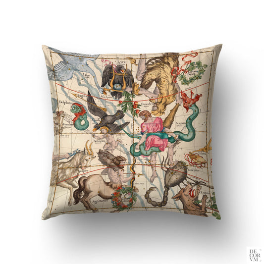 Hercules and Sagittarius reversible constellation cushion cover with 1693 celestial star chart design on a cotton blend pillow.