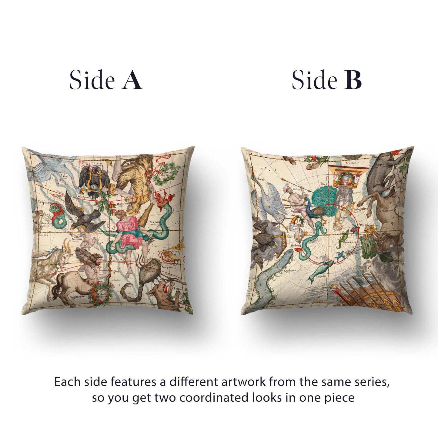 Reversible constellation cushion cover showing Hercules side and Centaurus southern sky side together — two-sided antique star chart pillow.