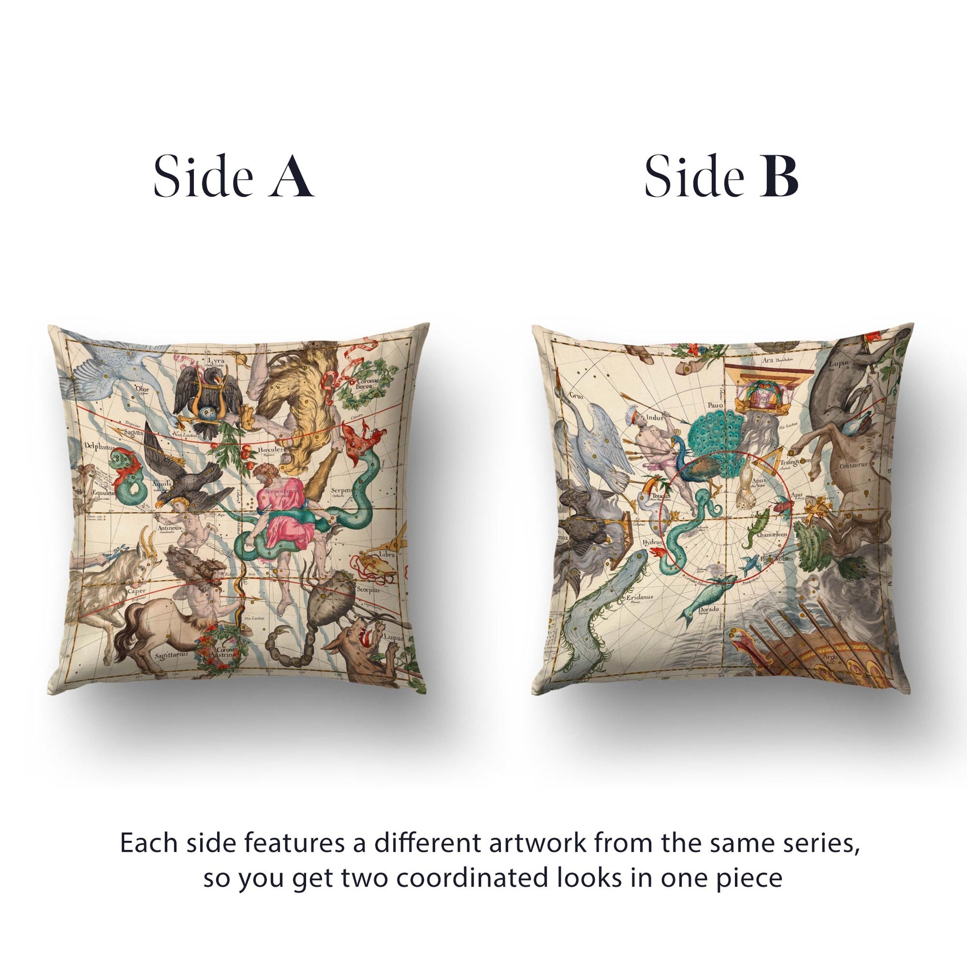 Reversible constellation cushion cover showing Hercules side and Centaurus southern sky side together — two-sided antique star chart pillow.