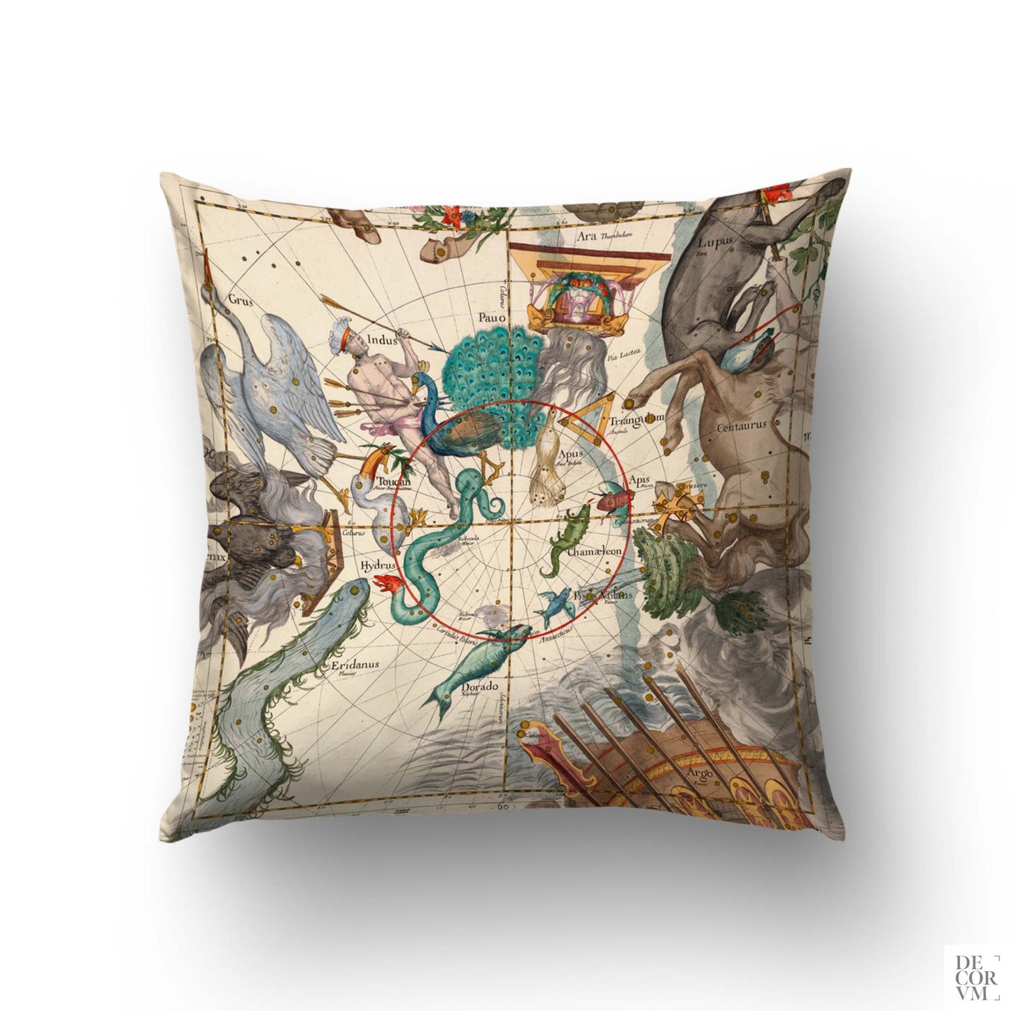 Centaurus and Indus southern hemisphere constellation cushion cover — reverse side of the reversible antique star chart pillow.