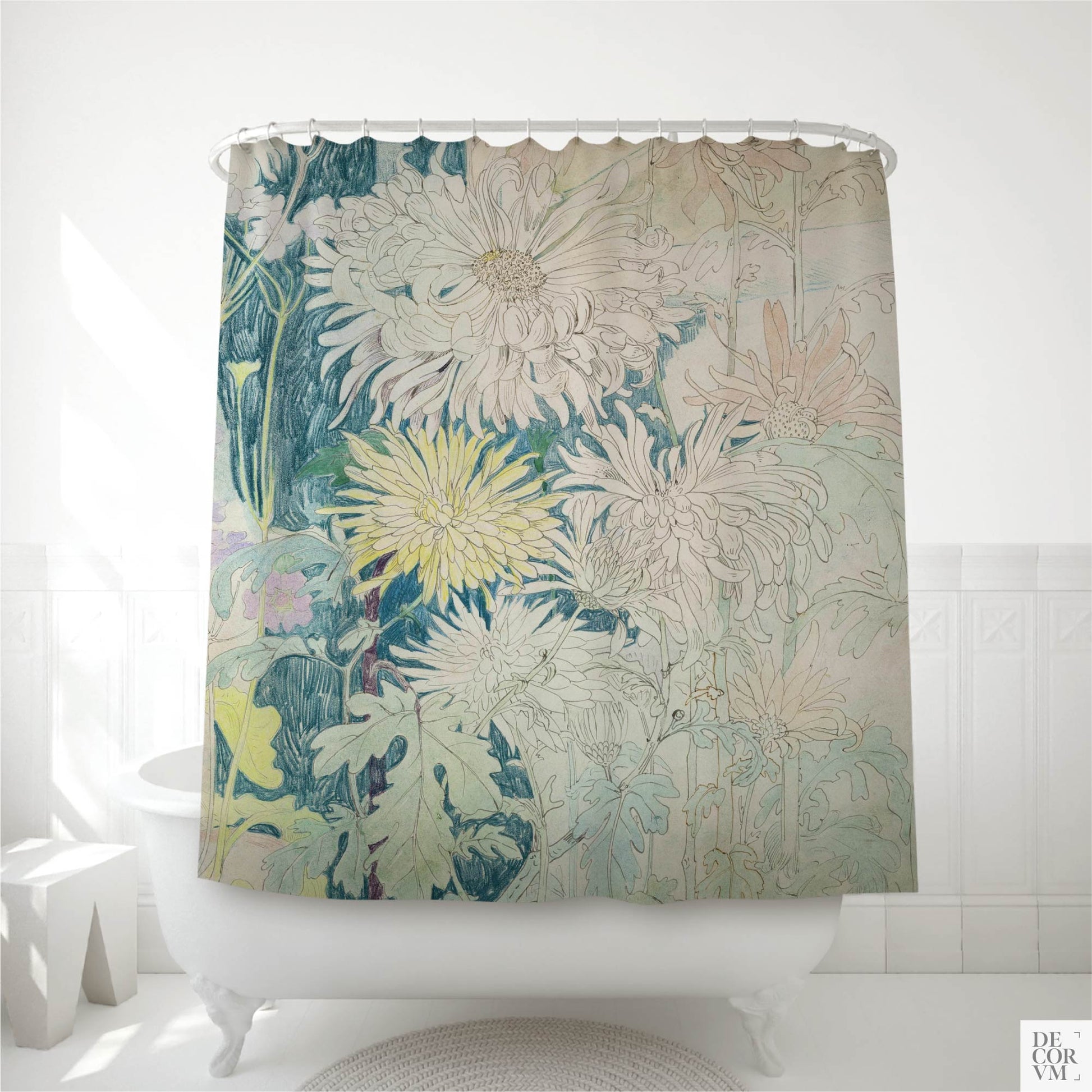 Hoytema chrysanthemum shower curtain over a white bathtub — turn-of-the-20th-century Dutch botanical sketch in pale green and white by Decorvm.