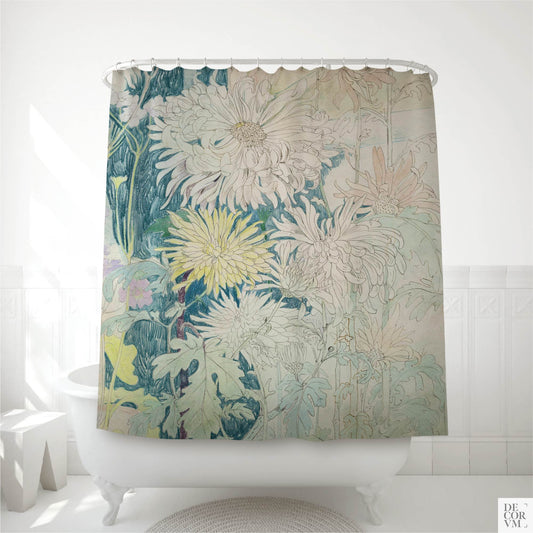 Hoytema chrysanthemum shower curtain over a white bathtub — turn-of-the-20th-century Dutch botanical sketch in pale green and white by Decorvm.