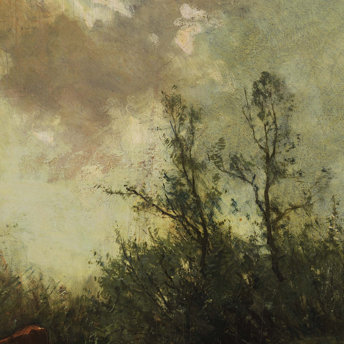 Detail of pastoral cows on a riverbank painting showing trees and dense foliage with dramatic cloudy sky and oil paint texture