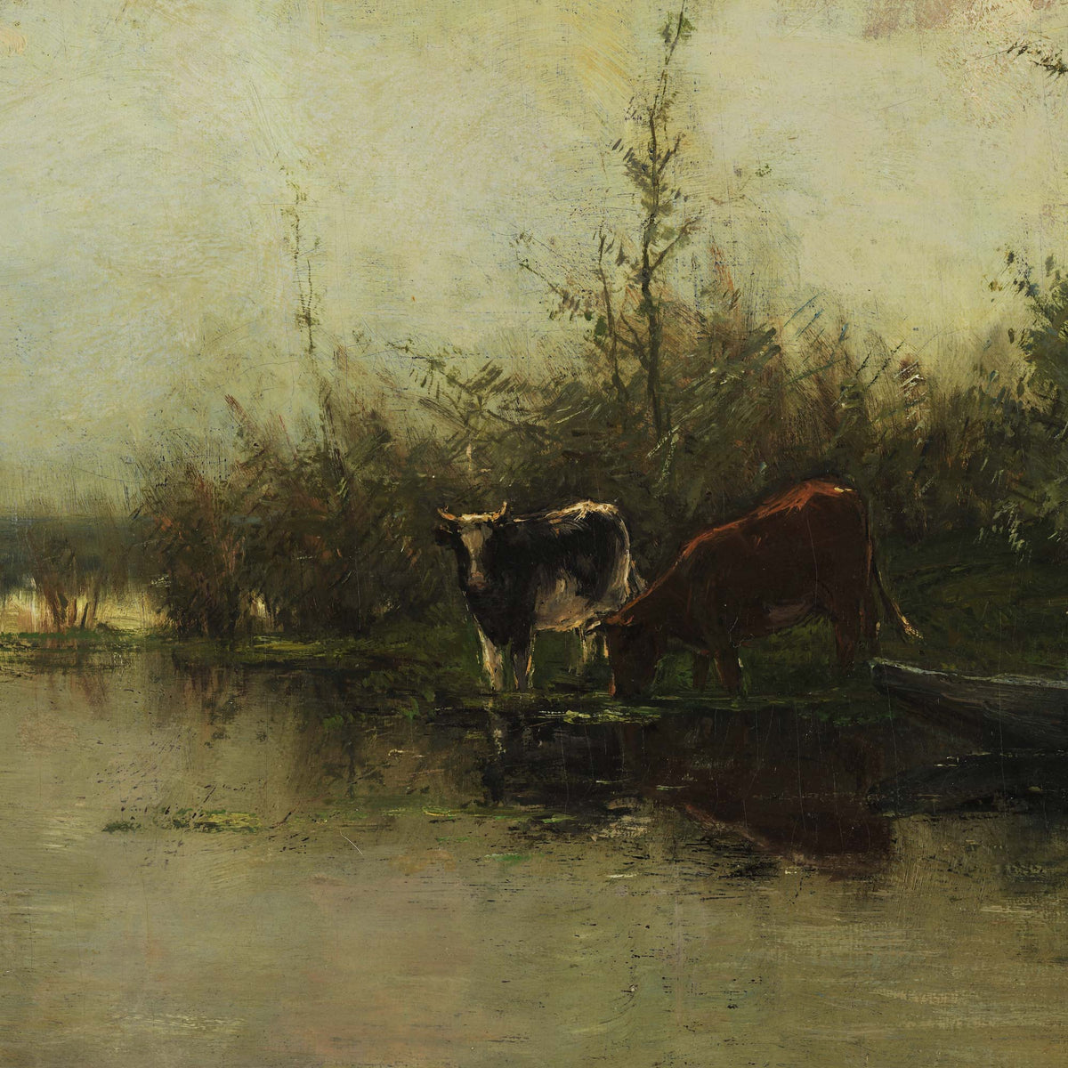 Detail of pastoral cows on a riverbank painting showing a black-and-white cow and a brown cow standing at the water’s edge