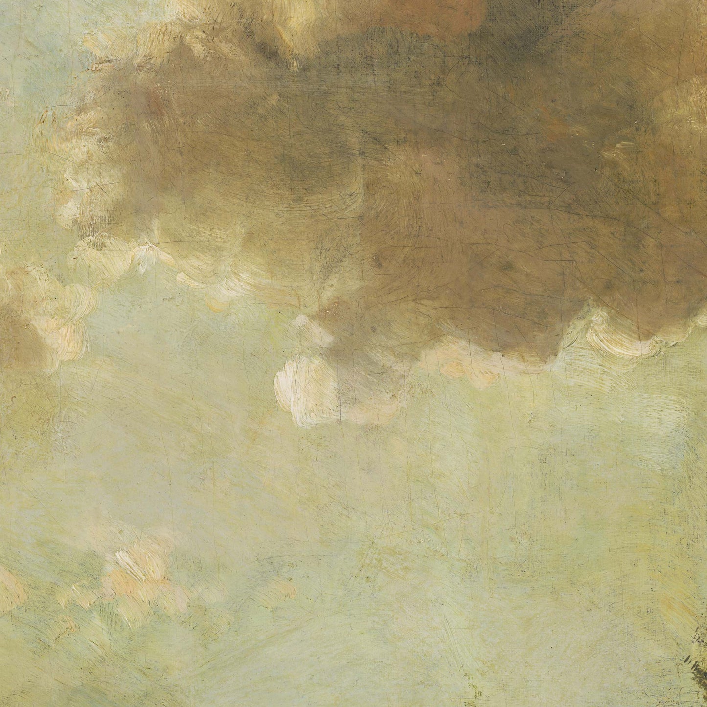 Detail of pastoral cows on a riverbank painting showing dramatic golden-brown clouds against a pale green sky with oil paint craquelure