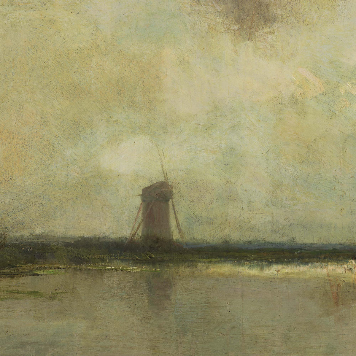 Detail of pastoral cows on a riverbank painting showing a distant Dutch windmill across still water with soft reflections