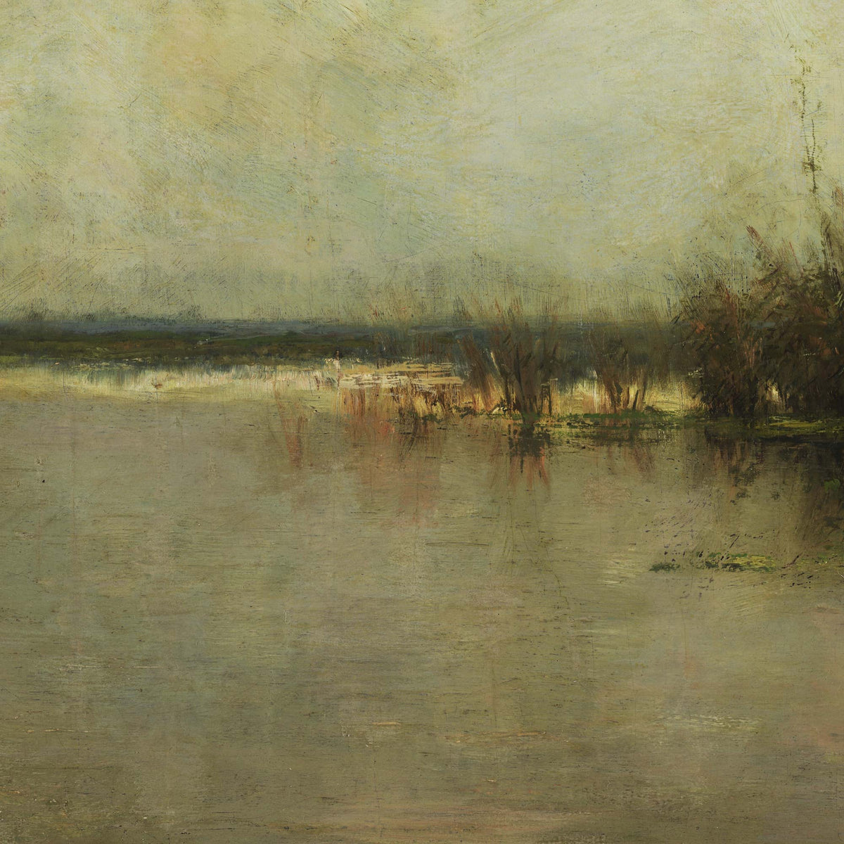 Detail of pastoral cows on a riverbank painting showing calm river water with reeds and bushes along the far bank