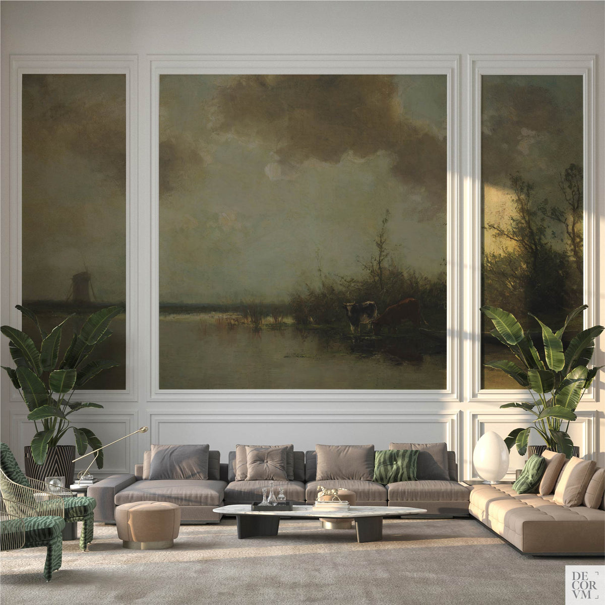 Pastoral cows on a riverbank wallpaper mural displayed in three framed panels in an elegant living room with sectional sofas