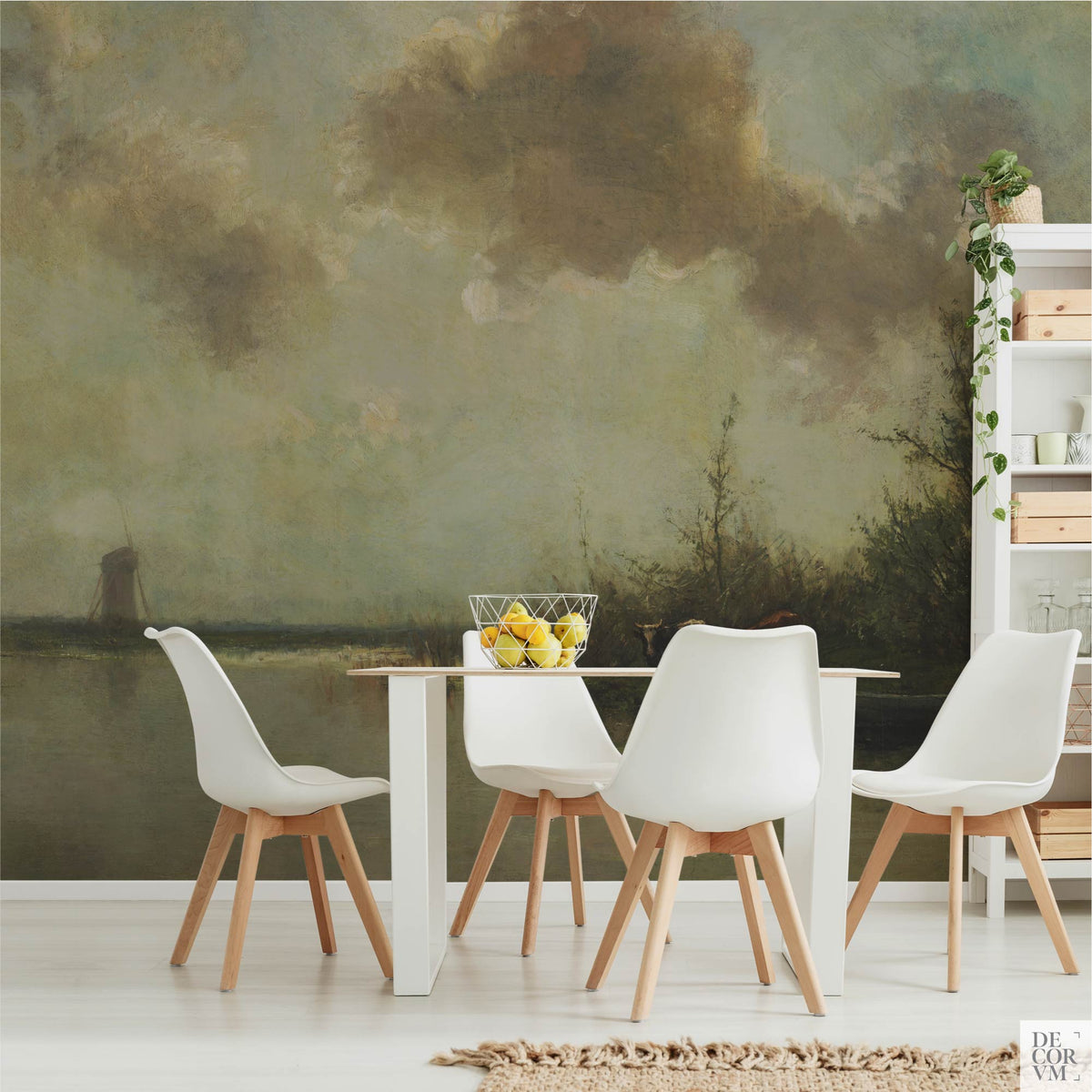 Pastoral cows on a riverbank wallpaper mural in a dining room with white modern table and chairs