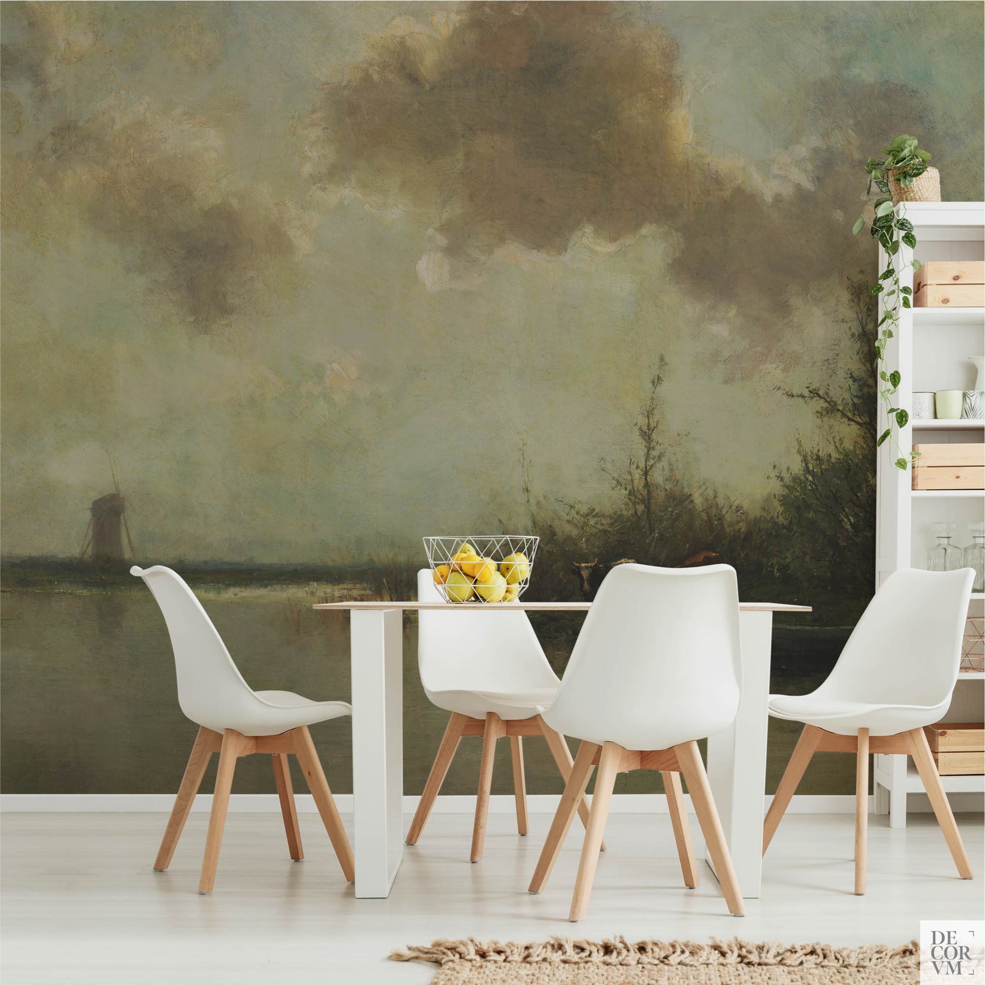 Pastoral cows on a riverbank wallpaper mural in a dining room with white modern table and chairs