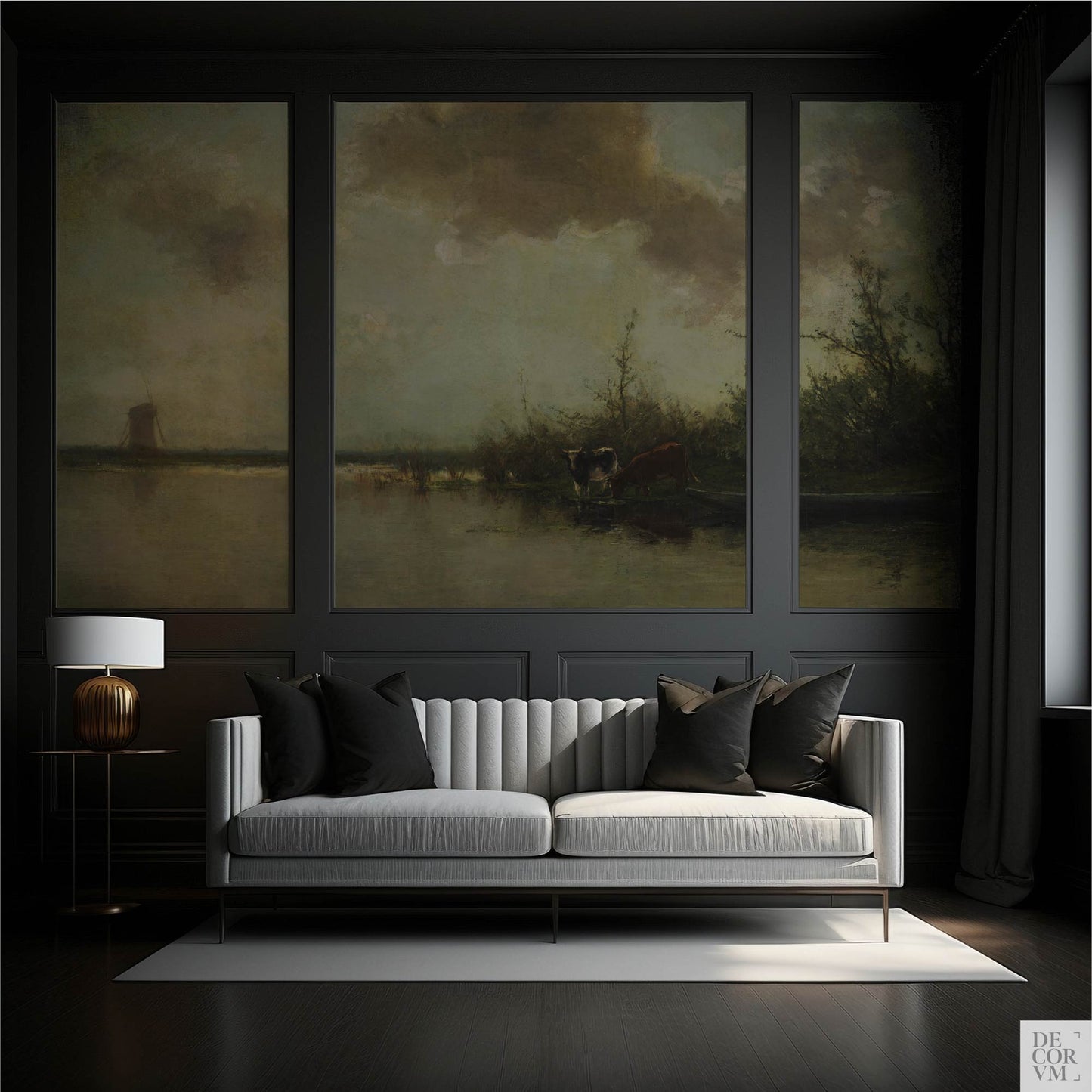 Pastoral cows on a riverbank wallpaper mural in three dark-framed panels in an elegant living room with gray sofa