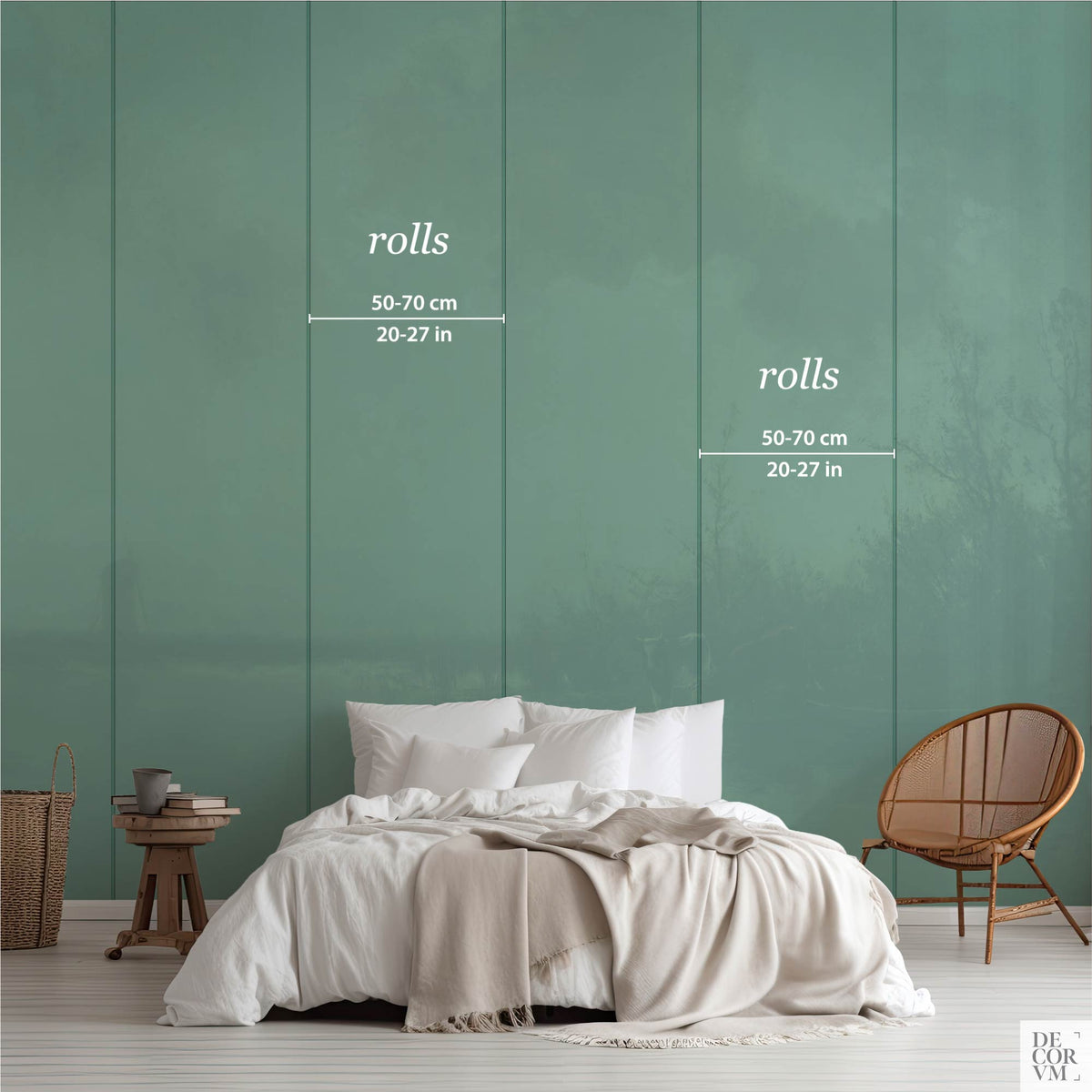 Pastoral cows on a riverbank wallpaper mural showing wallpaper roll dimensions of 50–70 cm (20–27 in) per roll