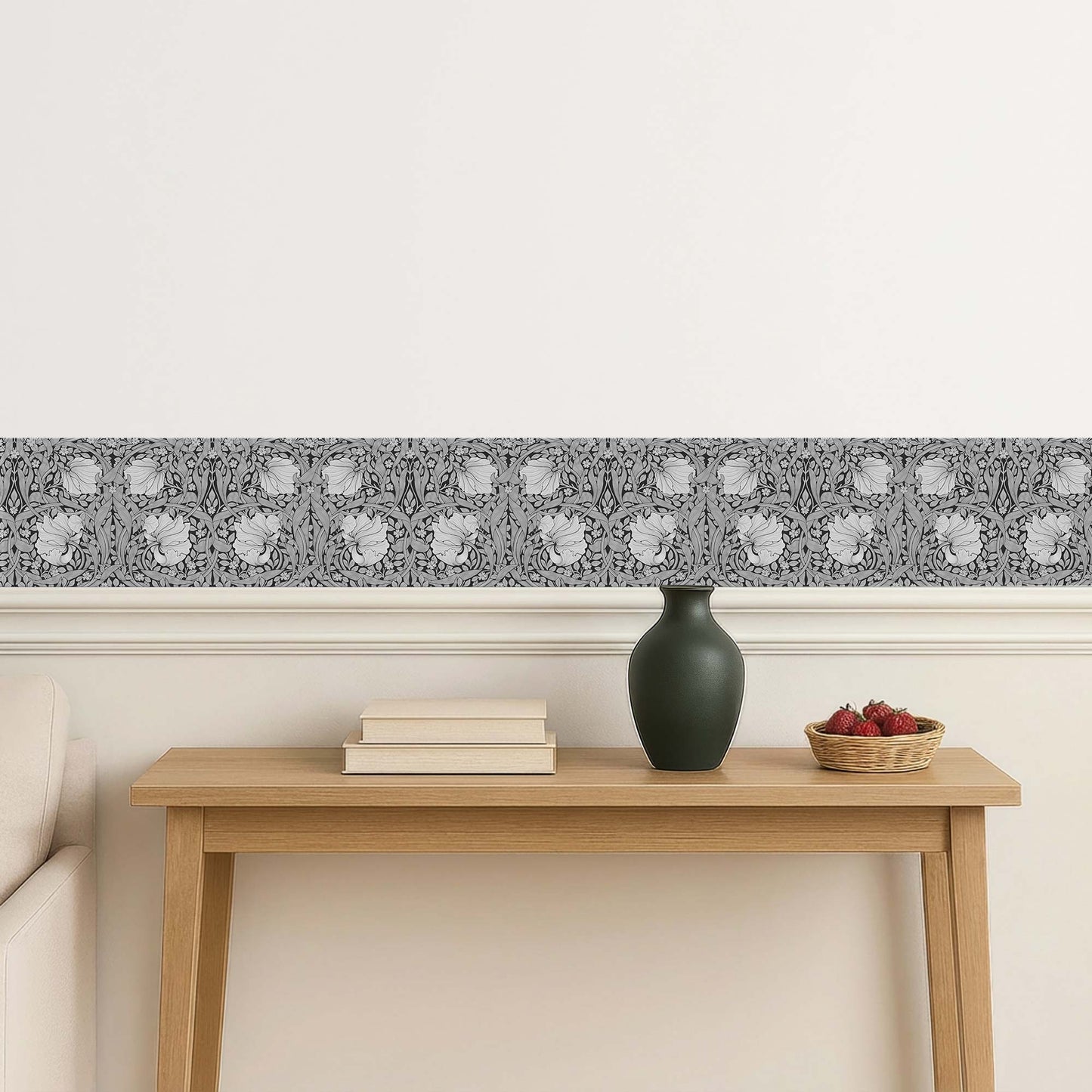 William Morris Pimpernel peel and stick wall border in grayscale — elegant hallway above a white chair rail over a light wood console table
