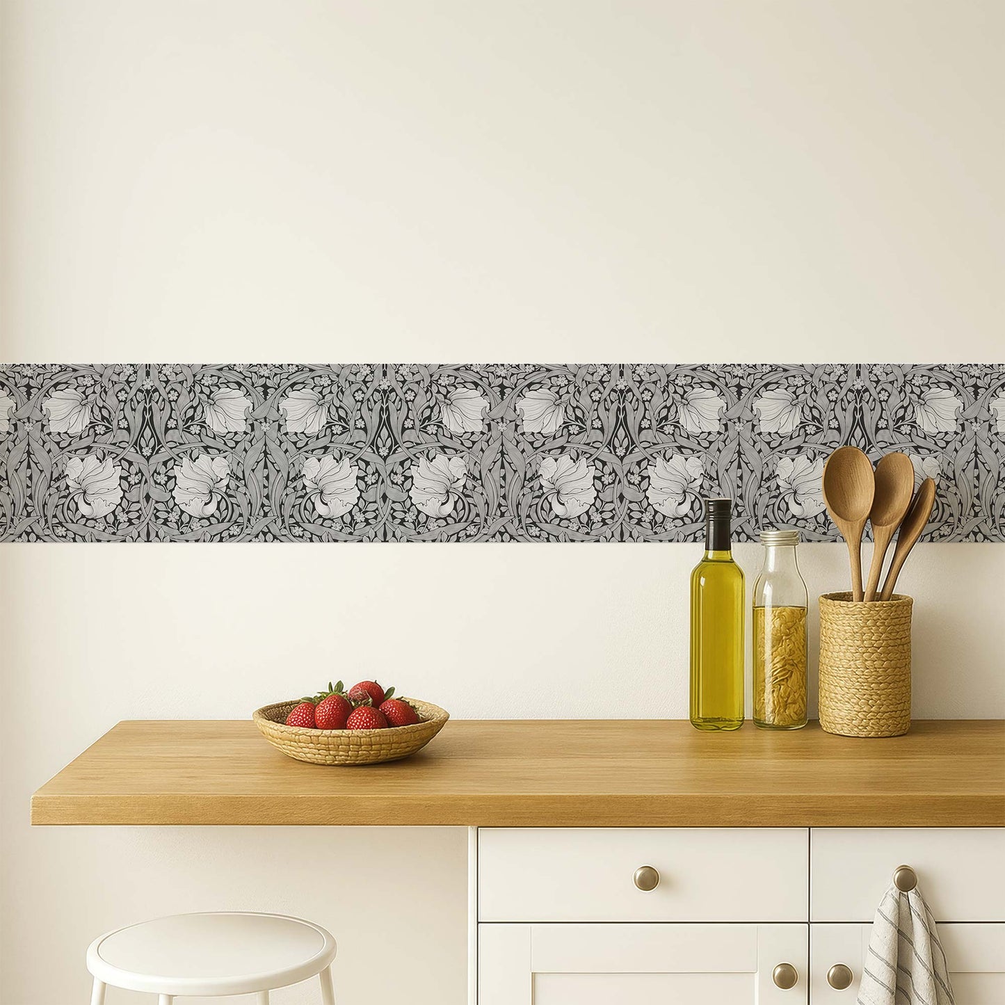 William Morris Pimpernel peel and stick wall border in grayscale — vintage-inspired kitchen backsplash above a counter with neutral styling