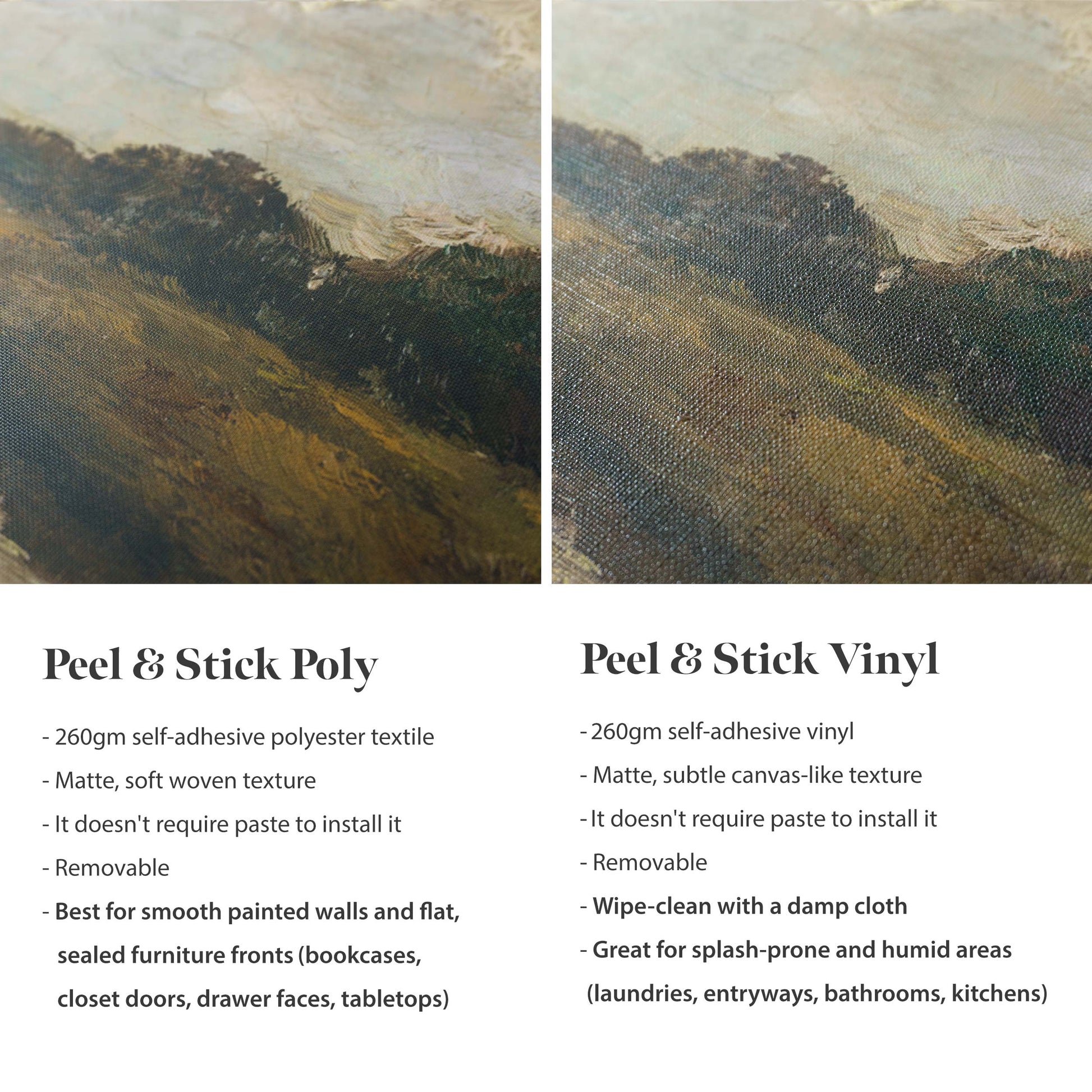 Material comparison guide showing the texture difference between Peel & Stick Poly (matte woven, best for general use) and Peel & Stick Vinyl (canvas-like, best for bathrooms and kitchens).