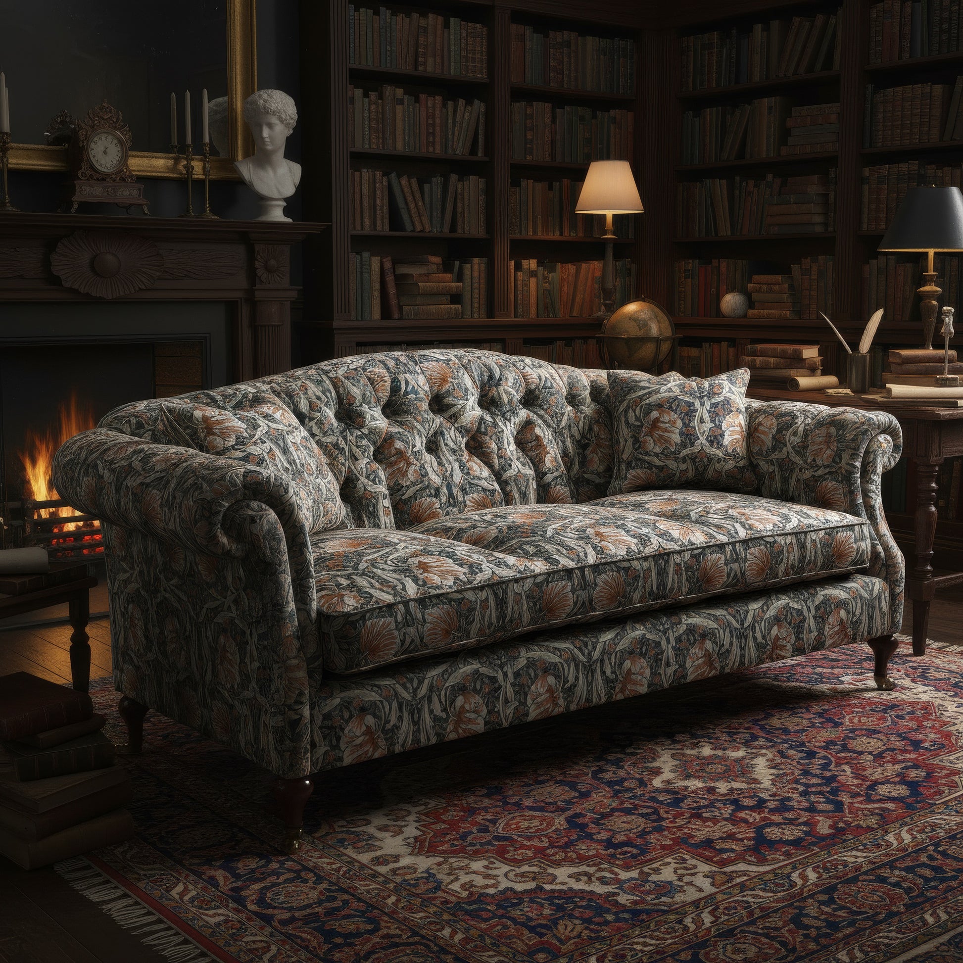 A classic tufted sofa with a matching throw pillow, entirely upholstered in the Pimpernel Blue Rust fabric, staged in a moody, traditional library setting with a lit fireplace, dark wood bookshelves, and a vintage rug.