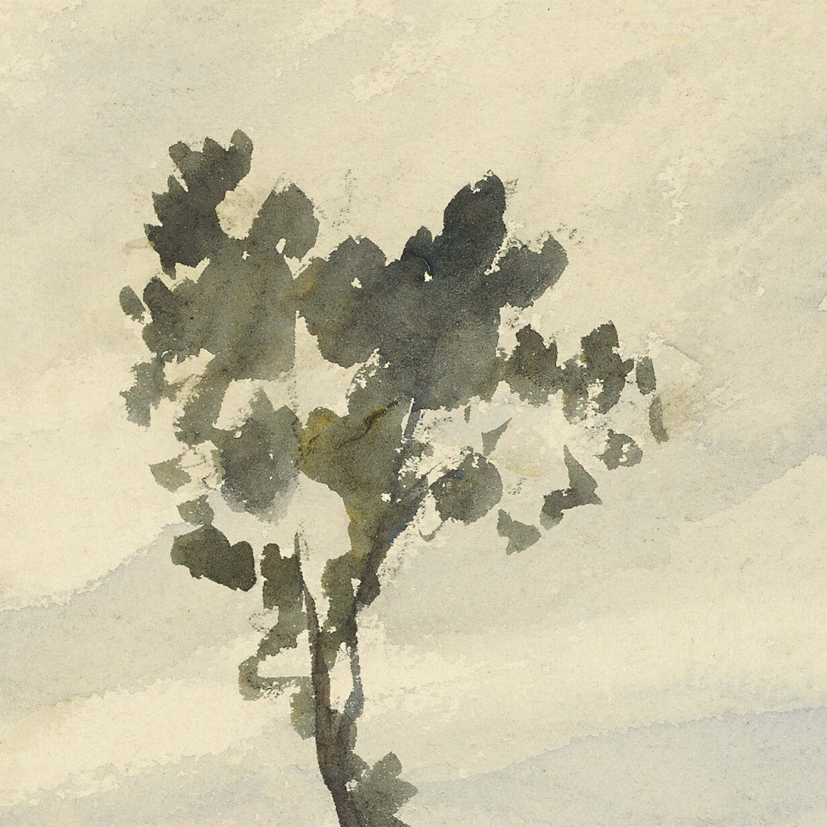 Detail of Pissarro country road landscape painting showing watercolor tree crown with dark green foliage against pale sky