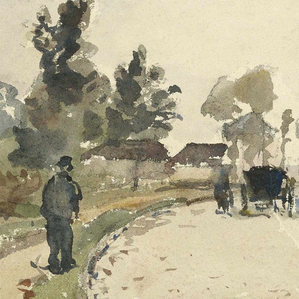 Detail of Pissarro country road landscape painting showing a figure walking and a horse-drawn carriage on the road