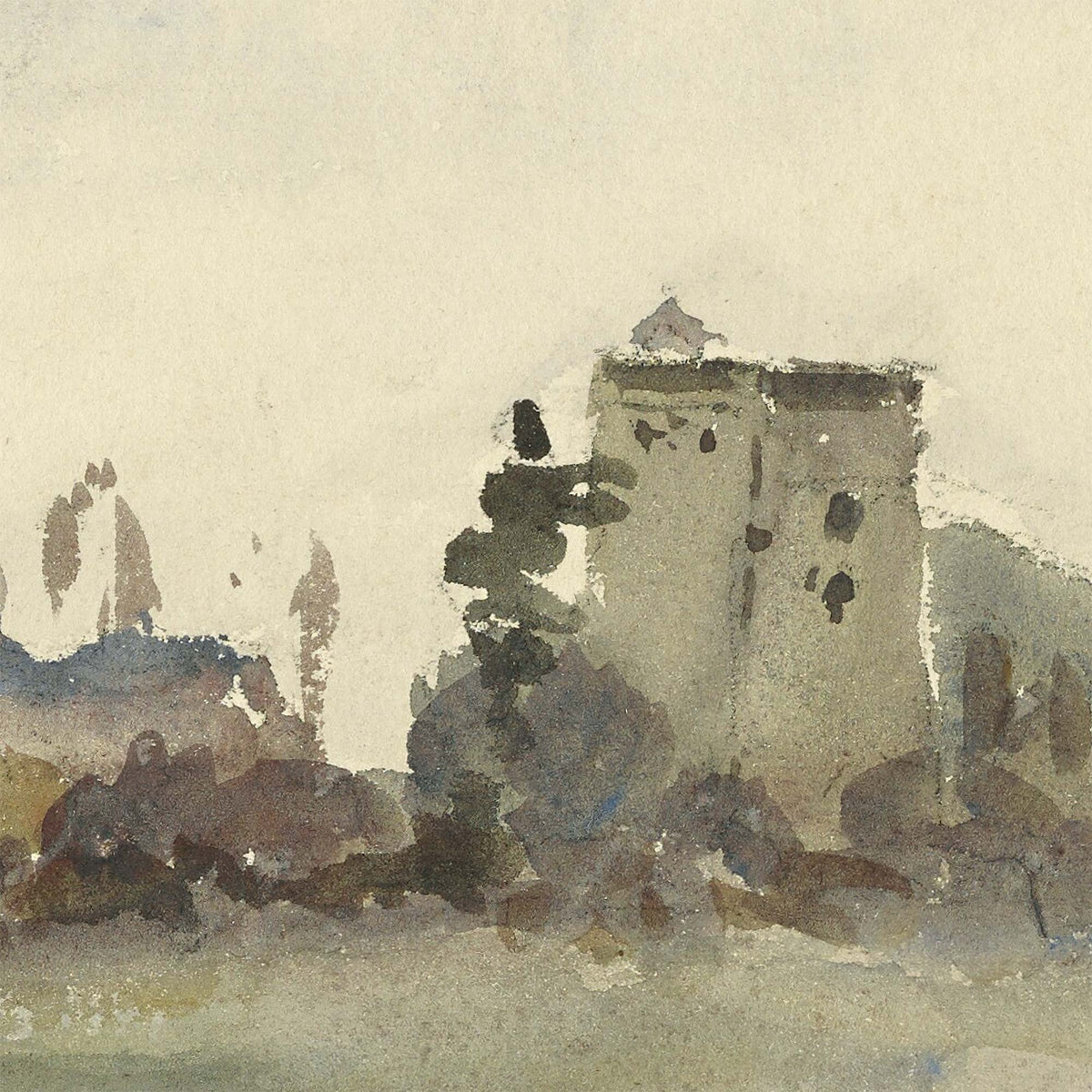 Detail of Pissarro country road landscape painting showing a stone tower surrounded by trees and foliage