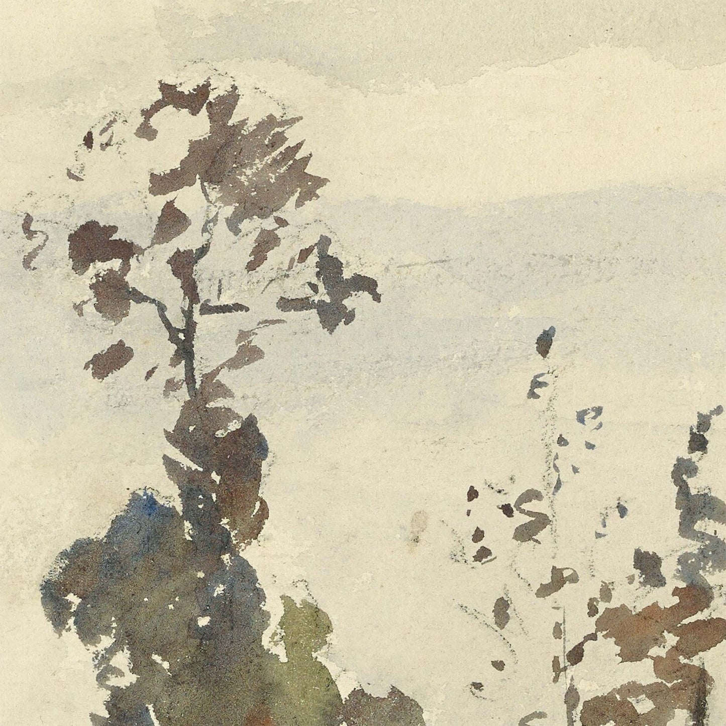 Detail of Pissarro country road landscape painting showing slender trees with autumn foliage against an overcast sky
