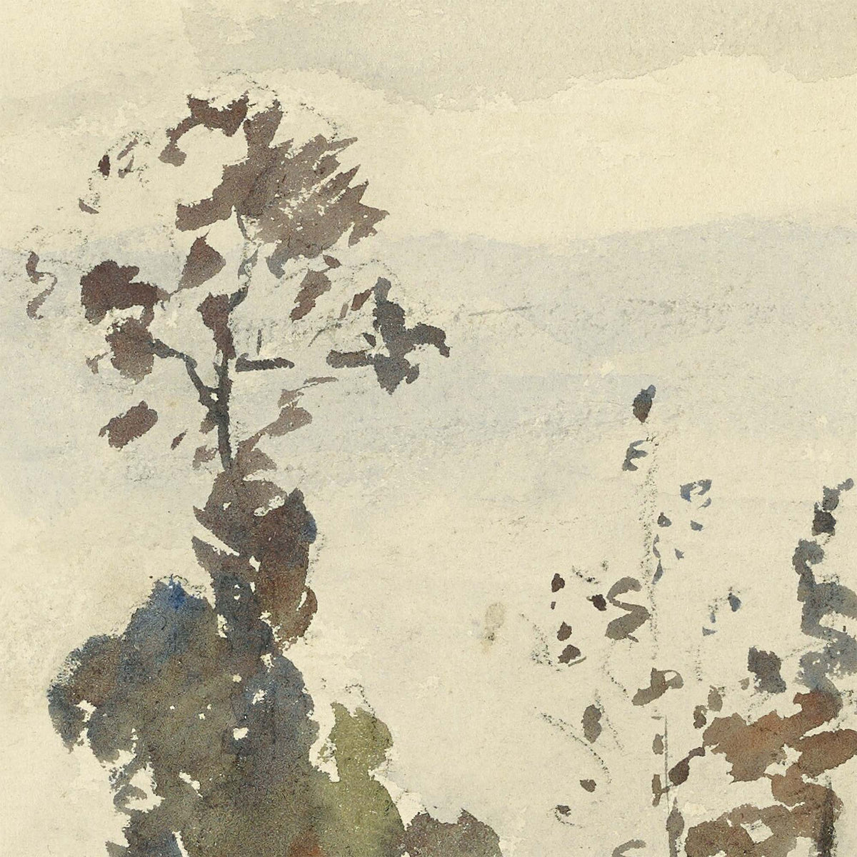 Detail of Pissarro country road landscape painting showing slender trees with autumn foliage against an overcast sky