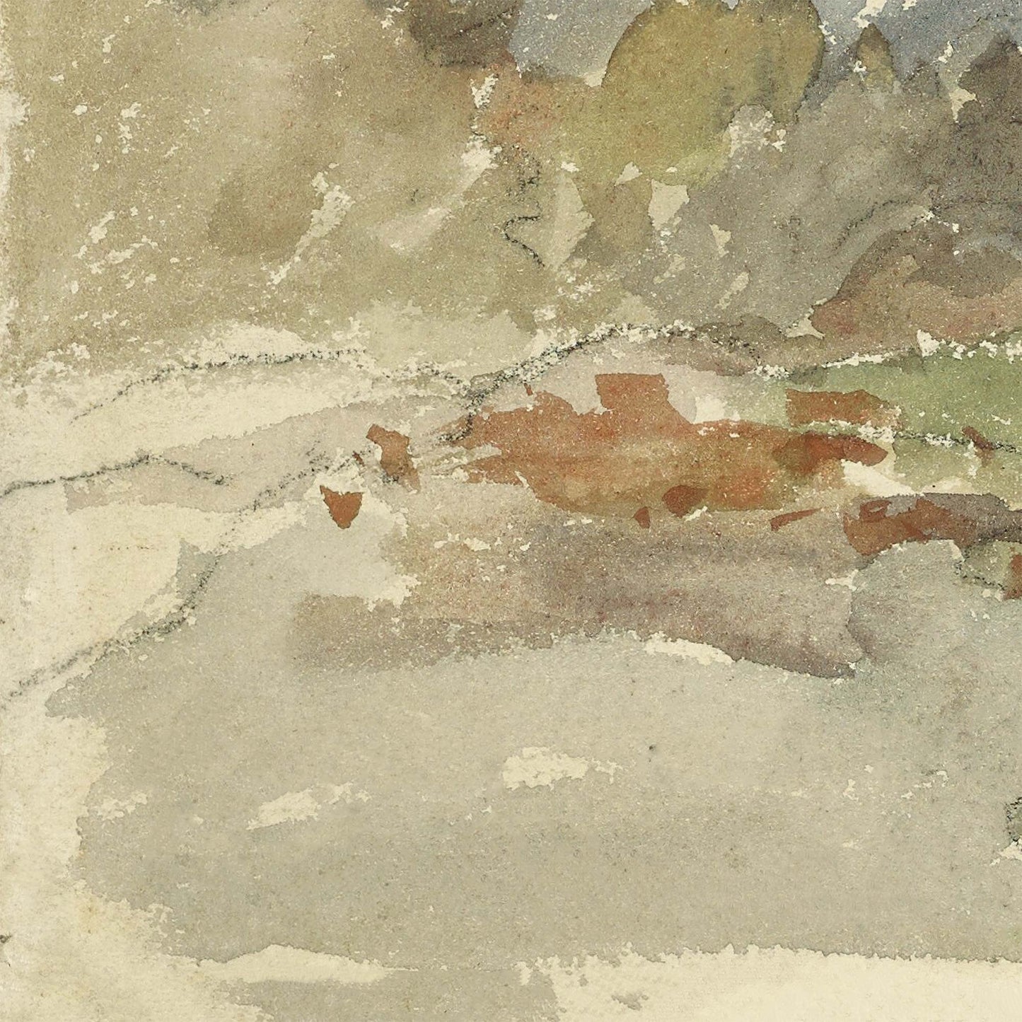 Detail of Pissarro country road landscape painting showing watercolor texture of the road with earthy and russet tones