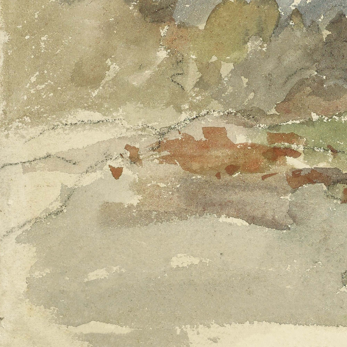 Detail of Pissarro country road landscape painting showing watercolor texture of the road with earthy and russet tones