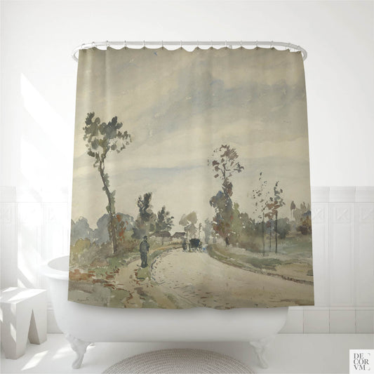 Pissarro country road shower curtain hanging on a curved rod over a white clawfoot bathtub in a bright modern bathroom — impressionist watercolour with slender trees lining an autumn road under a pale sky