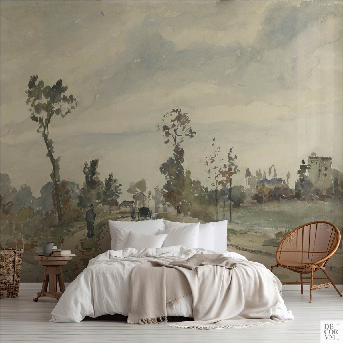 Pissarro country road landscape wallpaper mural in a bedroom with white bedding, rattan chair, and wooden stool