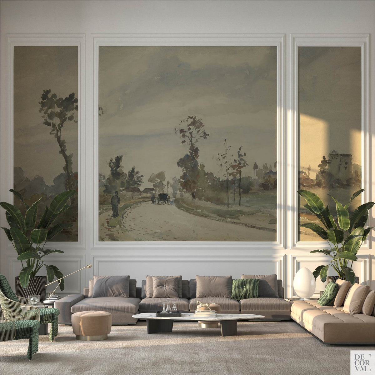 Pissarro country road landscape wallpaper mural displayed in three framed panels in an elegant living room with sectional sofas