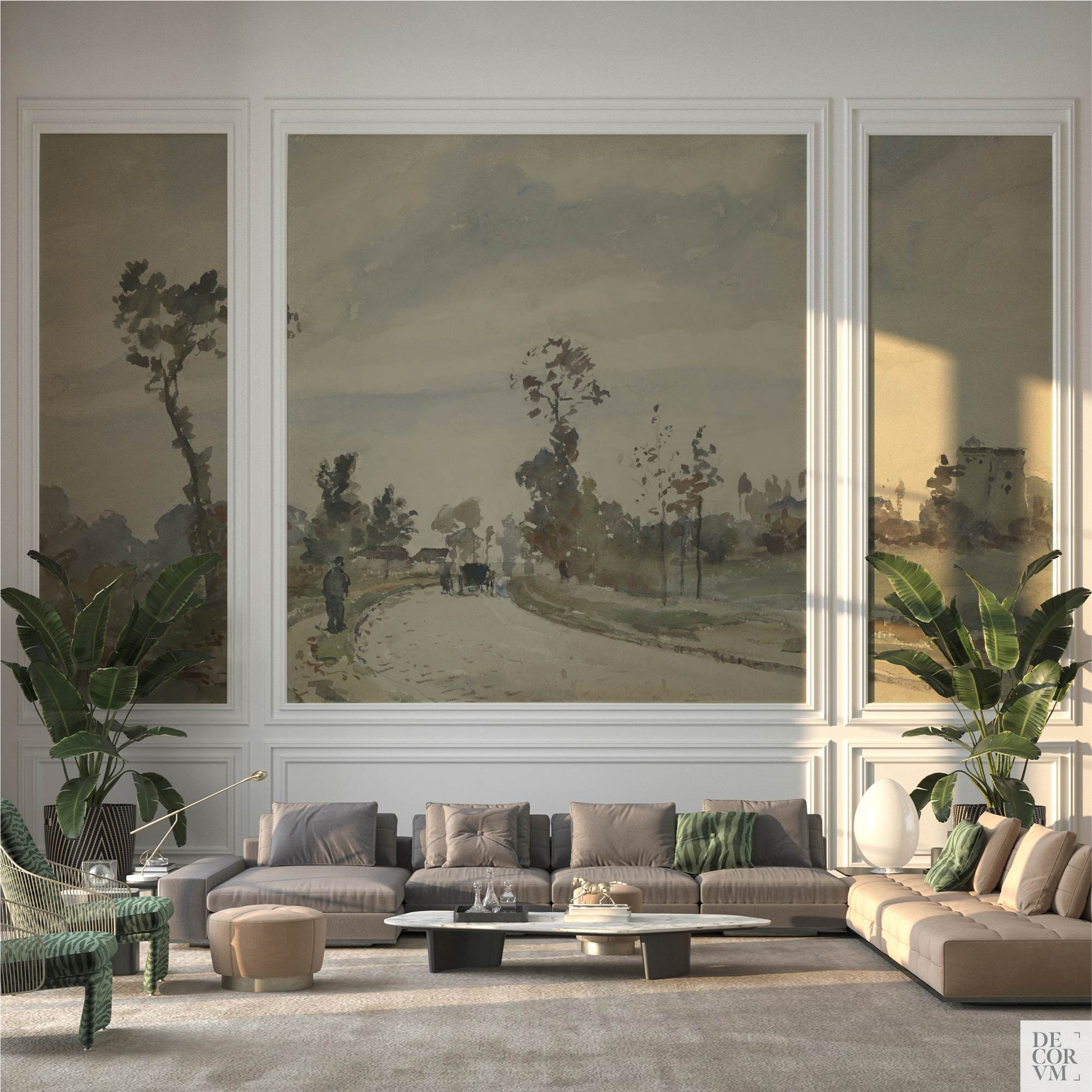 Pissarro country road landscape wallpaper mural displayed in three framed panels in an elegant living room with sectional sofas