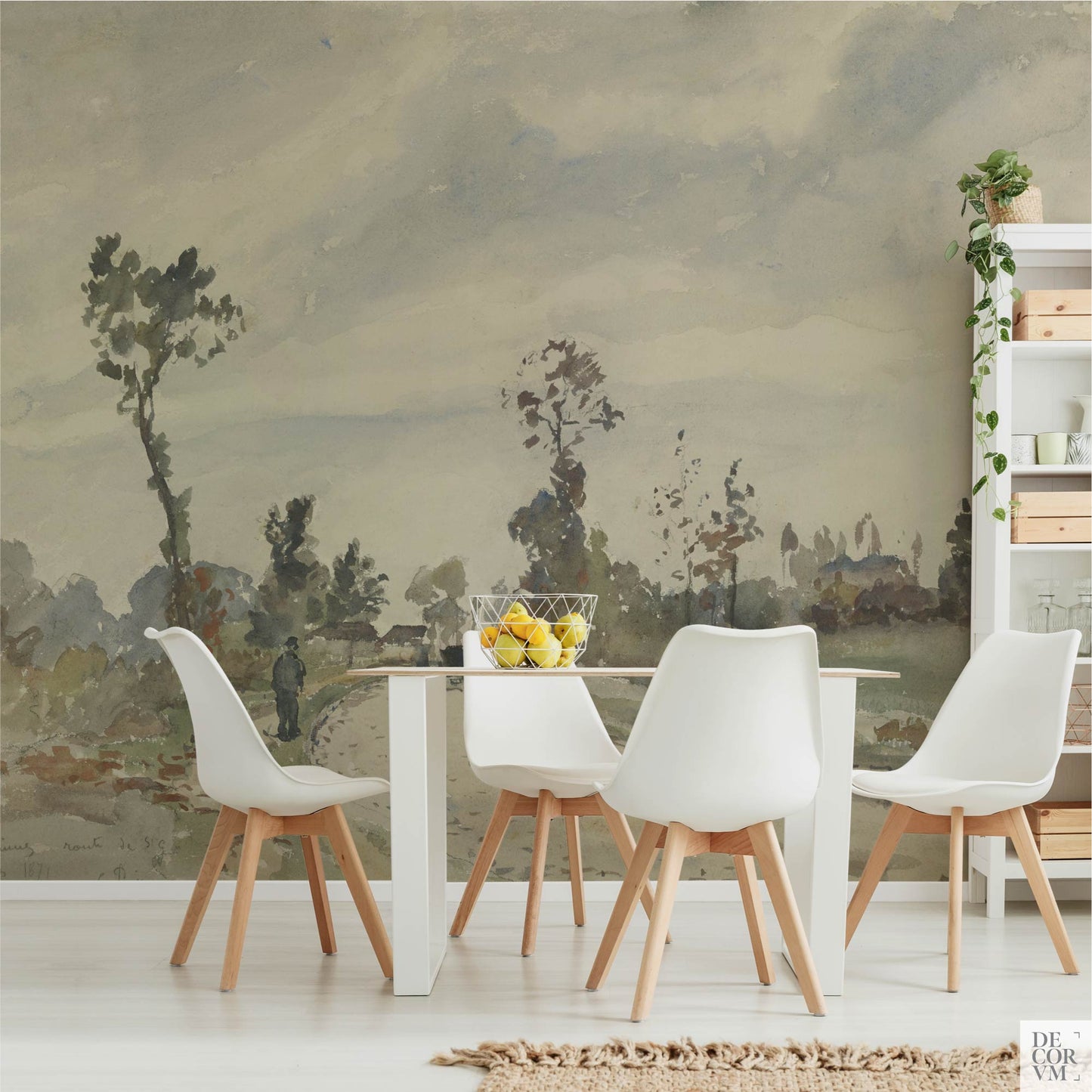 Pissarro country road landscape wallpaper mural in a dining room with white modern table and chairs