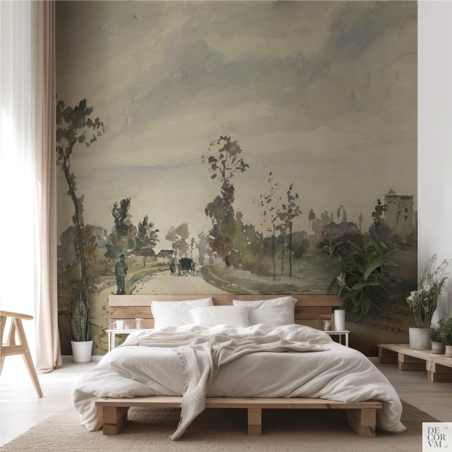 Pissarro country road landscape wallpaper mural in a natural bohemian bedroom with wooden platform bed and plants