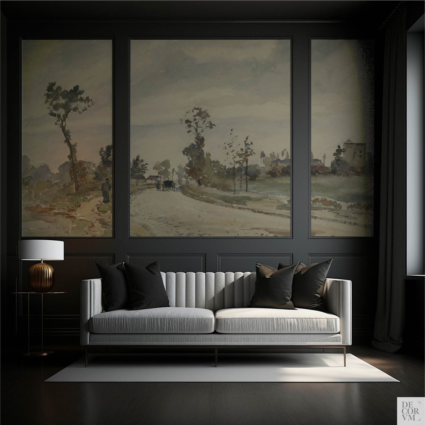 Pissarro country road landscape wallpaper mural in three dark-framed panels in an elegant living room with gray sofa