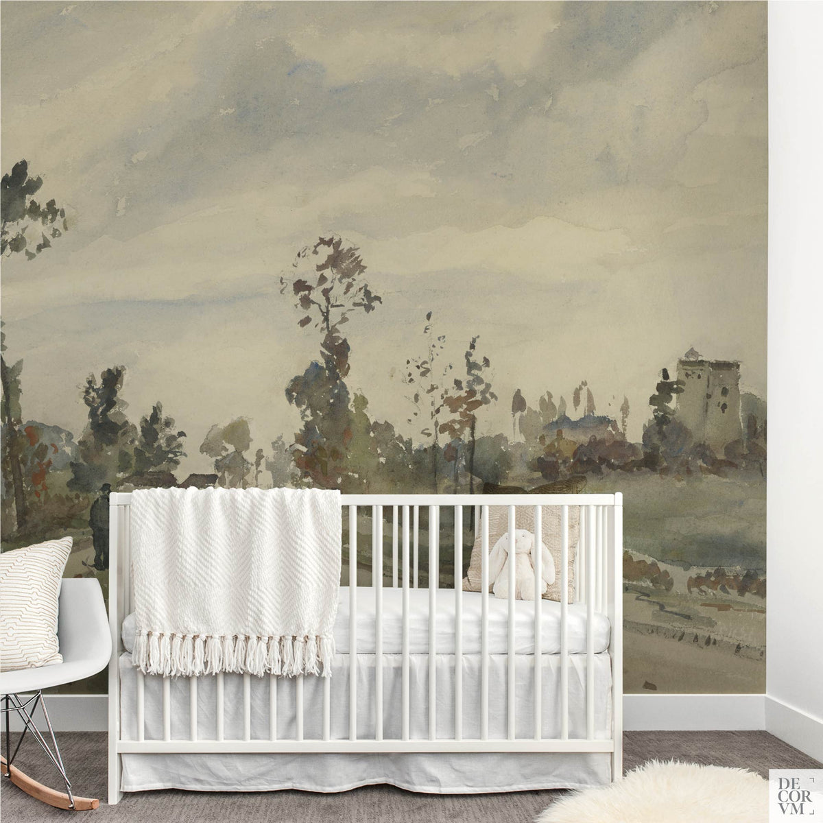 Pissarro country road landscape wallpaper mural in a nursery with white crib and rocking chair