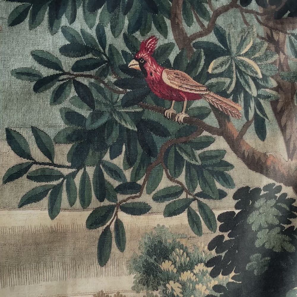 Verdure Chateau Garden Wall Tapestry detail video — birds in foliage, chateau fountain, close-up of printed roses, and large bird with open wings.