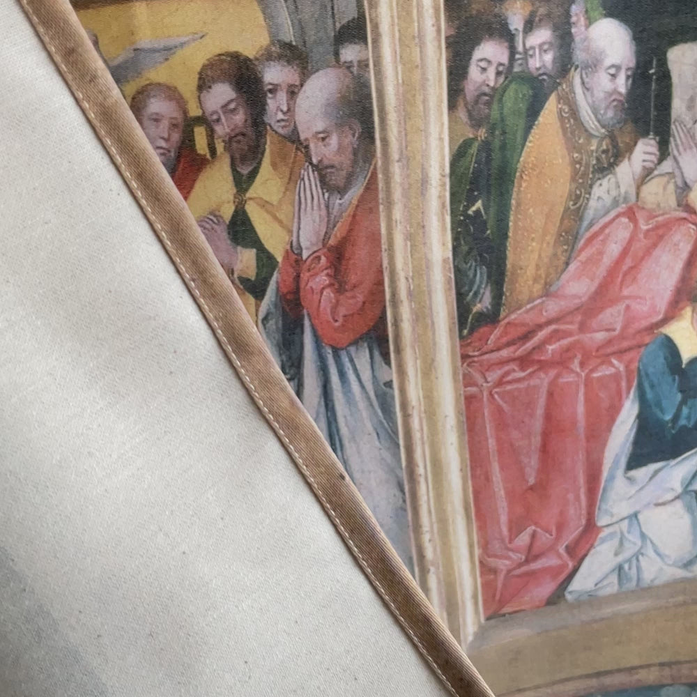 Virgin of the Rosary wall tapestry product video — panning across the print quality, fabric texture, edge finishing, and altarpiece details.